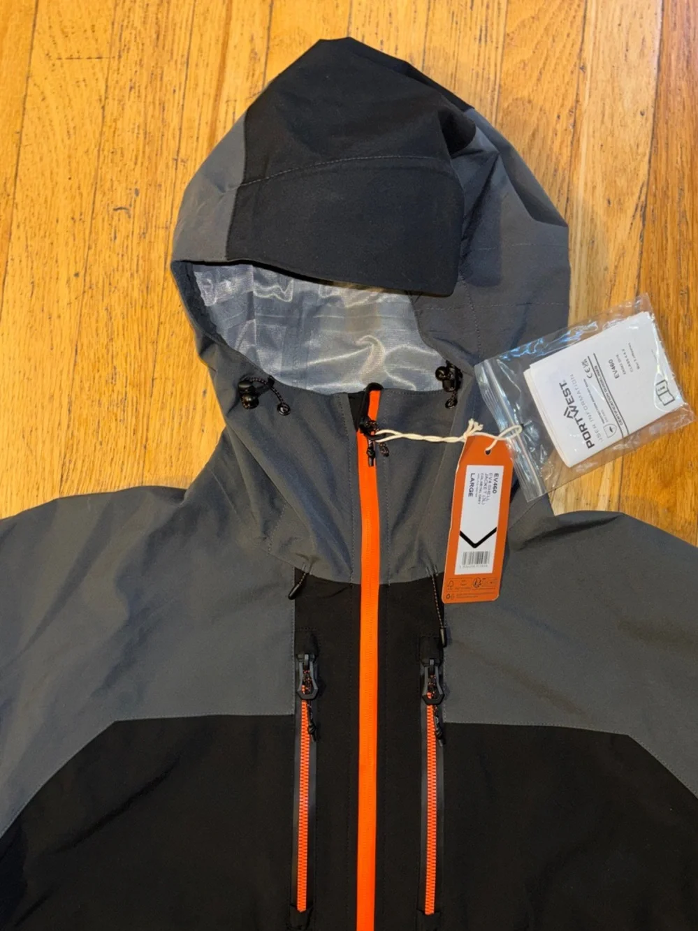 Portwest NWT EV460 Waterproof Shell Jacket - Charcoal, Black & Orange - Large